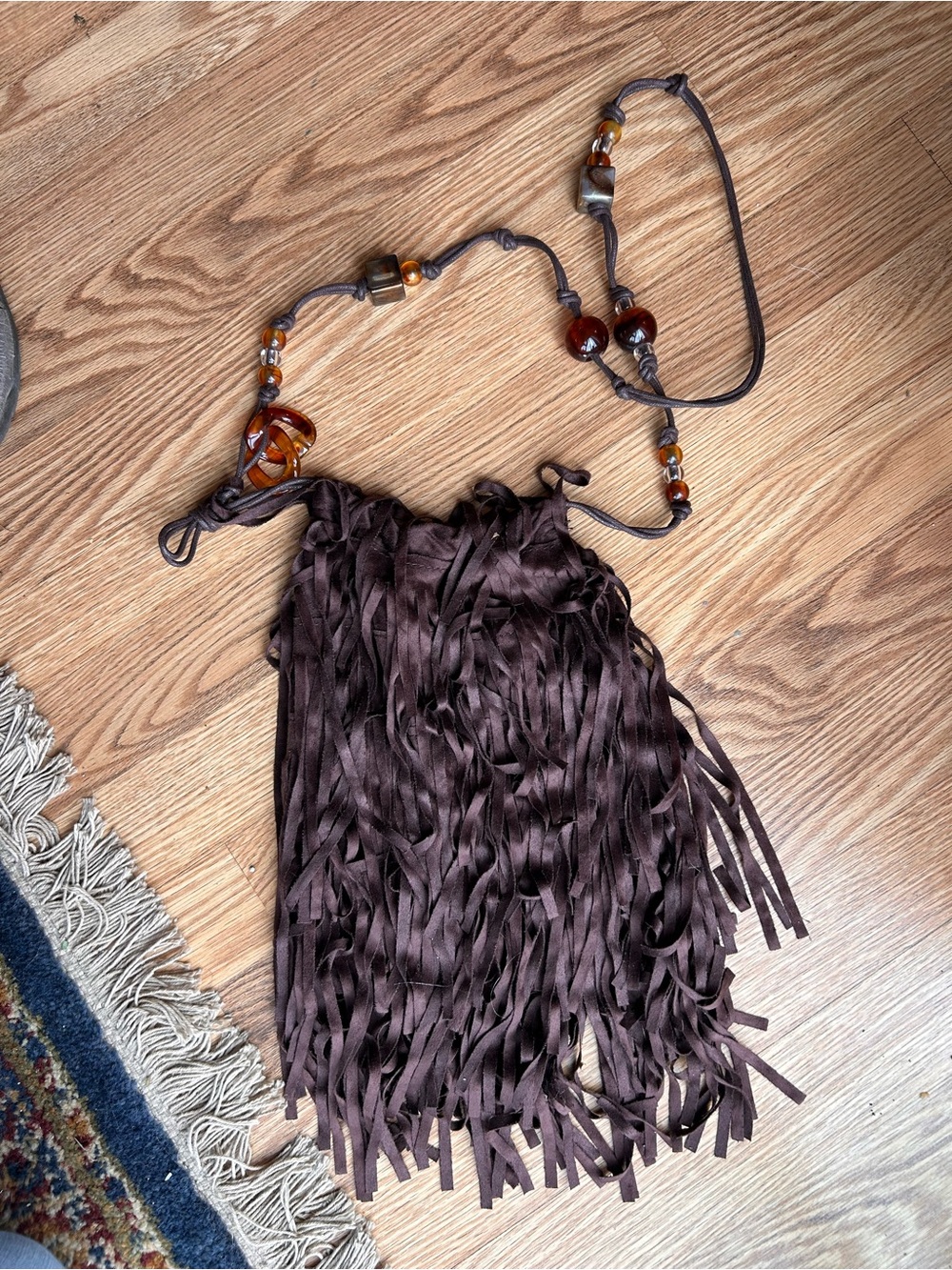Fringed Brown Beaded Crossbody Bag